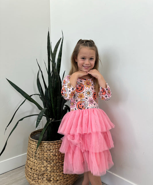 2T Pumpkin Posies Tulle Tiered Dress