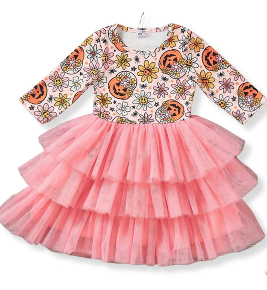 2T Pumpkin Posies Tulle Tiered Dress