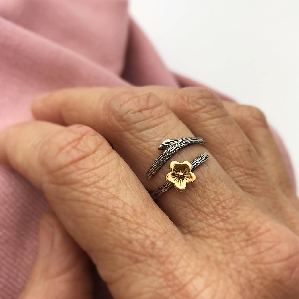 Silver Branch Ring with Bronze Cherry Blossom - Adjustable